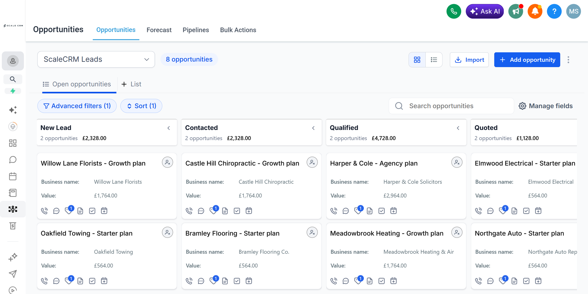 The ScaleCRM sales pipeline, showing deals across every stage